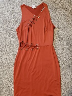 One-Shoulder Lace-Up Bodycon Dress in Rust